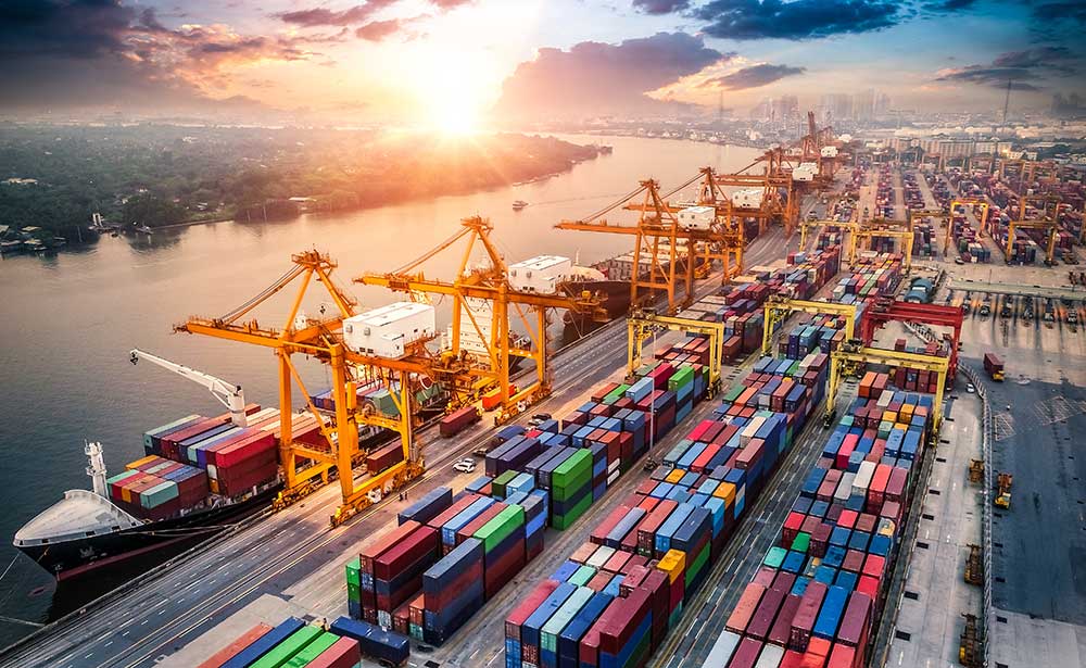 Container ship unloading at international port